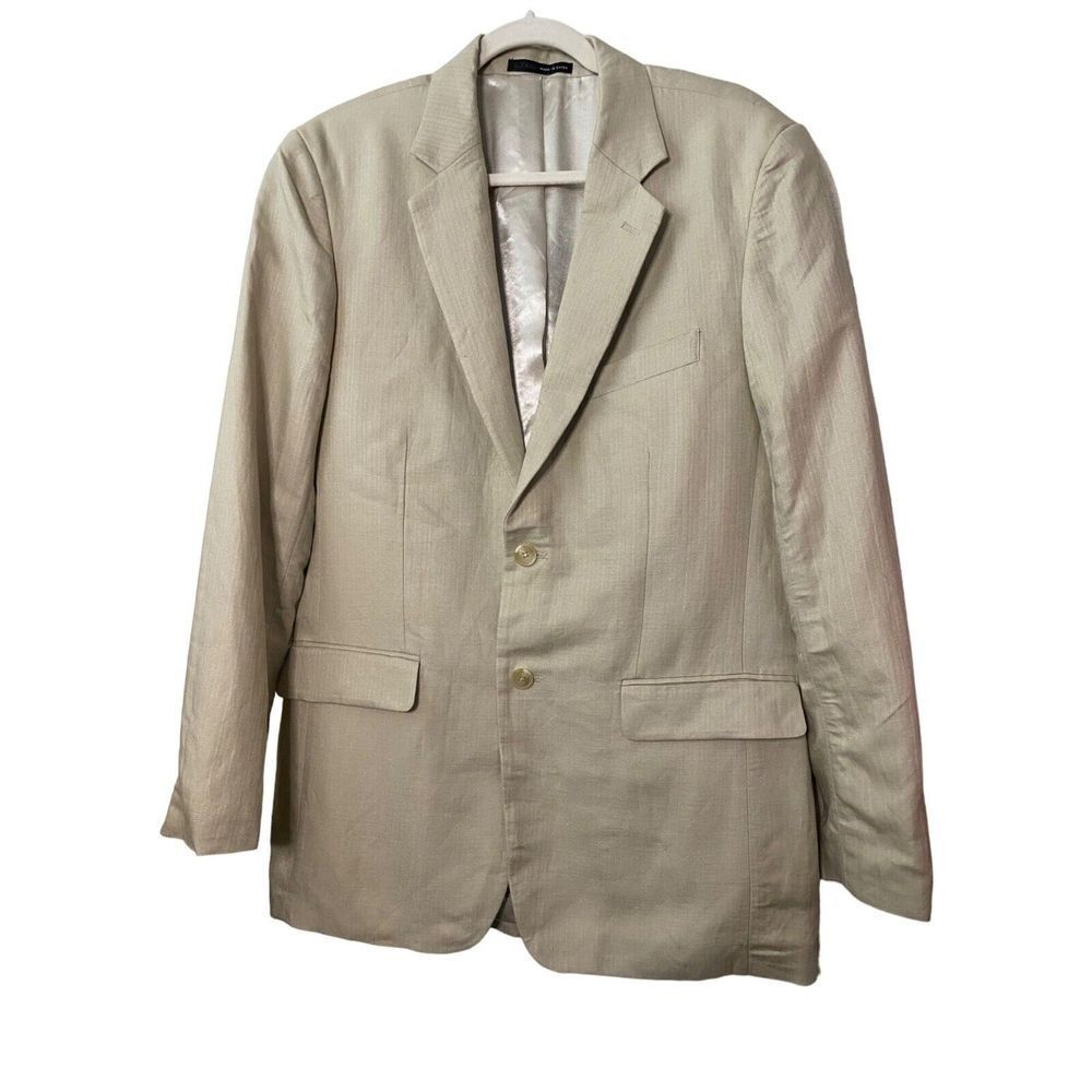 New Alfani Linen‎ Blazer Jacket Mens Beige Two Button Up Sport Coat Size S